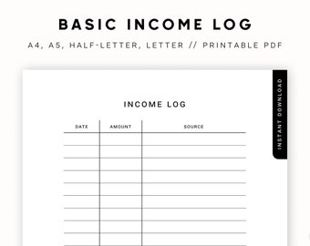 Basic Income Log, Income Tracker Small Business, Undated Financial Planner, Simple Minimalist Printable, Inserts, A5/Half Size/A4/Letter