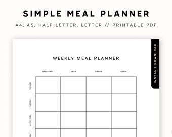Minimalist Simple Meal Planner Printable/Menu Planner/Weekly Food Diary/Food Journal/Meal Prep/Printable A4, A5, Letter, Half Letter Inserts