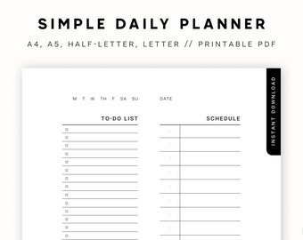 Simple Daily Planner Printable, Daily To Do List for Work/Home, Productivity Planner, Undated Planner Inserts, A5/Half Size/A4/Letter