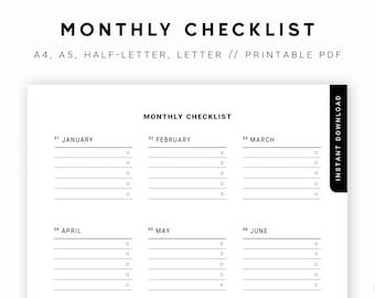 Minimalist Monthly Checklist Printable / Monthly Planner Inserts / Blank Checklist /  A4, A5, Half Letter, Letter PDF