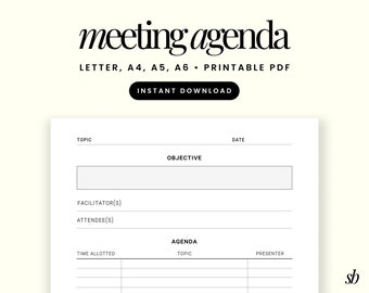 Meeting Agenda Printable PDF Template, Business Meeting Schedule, Meeting Notes, Meeting Minutes, Meeting Management, Letter/A4/A5/A6