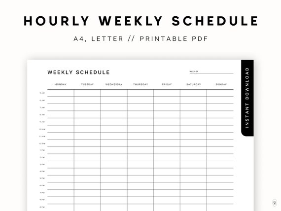 Hourly Weekly Schedule Printable Planner Week at a Glance - Etsy