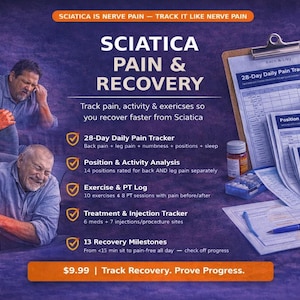 Op de afbeelding: Een promotieafbeelding voor een programma voor pijn en herstel van ischias. De afbeelding toont een groep mensen in pijn, samen met een klembord, documenten en medicatie. Tekst bevat "Sciatica Pain & Recovery" en details over het volgen van pijn en herstel.