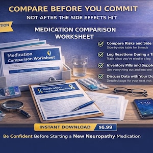 Puede incluir: Una hoja de trabajo de comparación de medicamentos con una carpeta, un bolígrafo y pastillas sobre una superficie de madera. La imagen incluye un teléfono inteligente, gafas y una lupa. El texto incluye "Compare antes de comprometerse" y "Descarga instantánea".