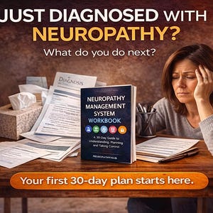 Puede incluir: La imagen muestra un libro titulado "Neuropathy Management System Workbook" con el texto "Just Diagnosed with Neuropathy?" y "What do you do next?" Una mujer está sentada en una mesa de madera con papeles y una caja de pañuelos. El texto "Your first 30-day plan starts here."