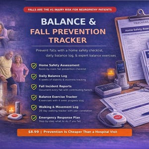 May include: An advertisement for a balance and fall prevention tracker. The image includes a checklist, logs, and exercises. The text reads "Falls are the #1 injury risk for neuropathy patients." The price is $8.99.