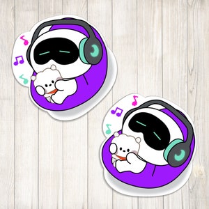 May include: Two purple beanbag chair stickers with white cartoon characters wearing headphones and holding a smaller white cartoon character. The characters have black eyes and mouths. The stickers have musical notes around them.