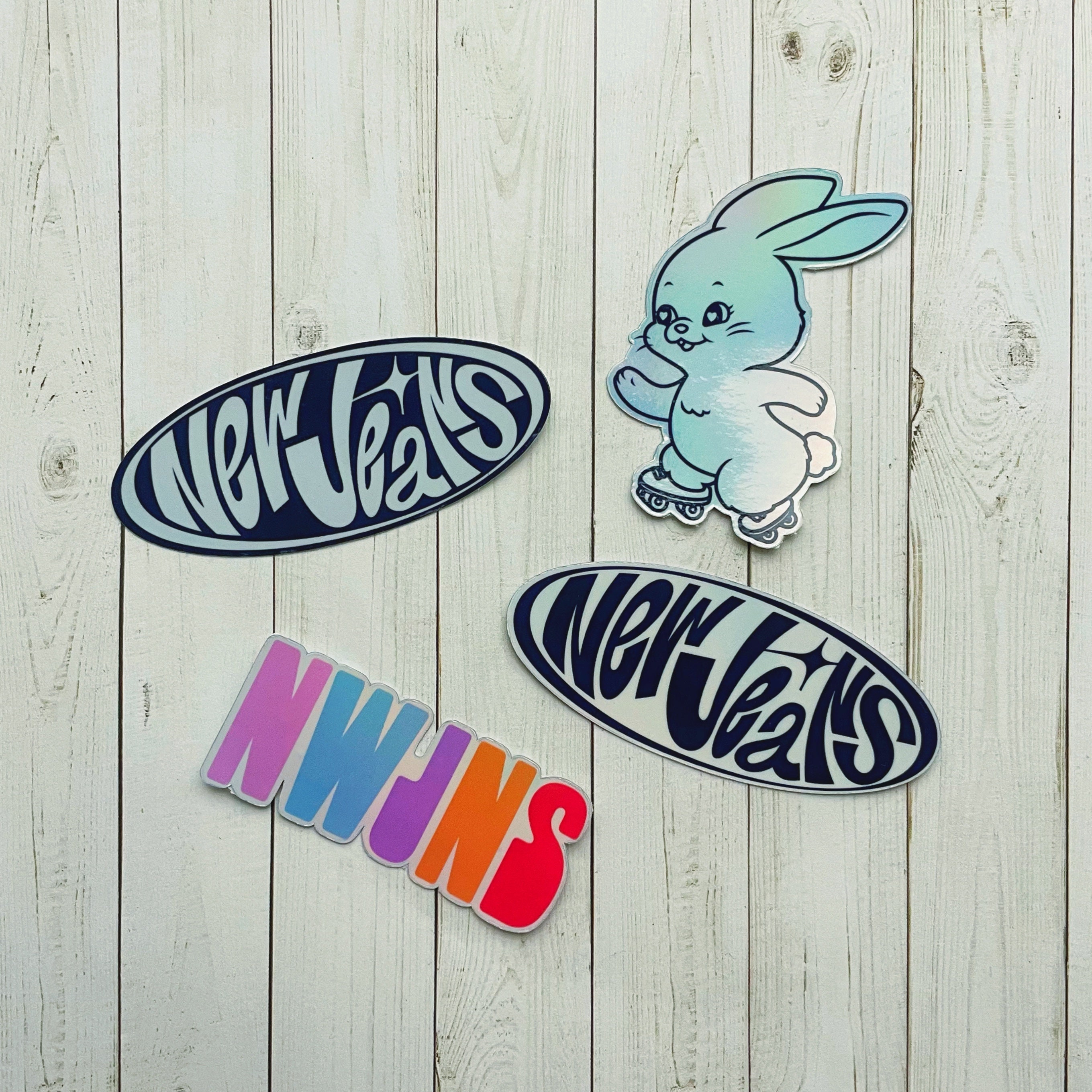 New Jeans Logo and Mascot Character Holographic Die Cut Laminated Sticker 