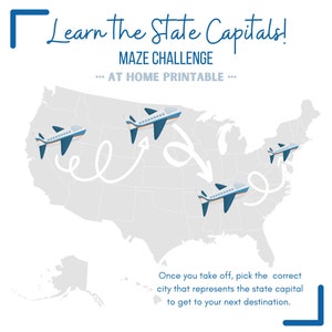 Op de afbeelding: Een printbaar doolhofspel voor kinderen om de hoofdsteden van de staten van de Verenigde Staten te leren. Het spel bevat een kaart van de VS met vliegtuigen die over elke staat vliegen. De tekst "Learn the State Capitals! Maze Challenge... At Home Printable..." staat bovenaan de afbeelding.