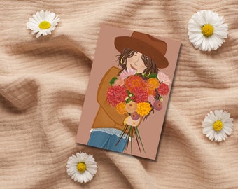 Ansichtkaart "Bloemenmeisje" Roze Dahlia's