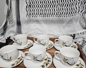 Handpainted Palestinian Coffee Cup Set, Kuffiyah & Olive Tree Design