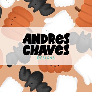 May include: A seamless pattern featuring cute Halloween characters on a light brown background. The pattern includes black bats, white ghosts, and orange pumpkins with happy faces. The text "ANDRES CHAVES DESIGNS" is centred at the bottom of the image.