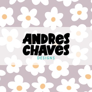 May include: A light purple background with a white and orange daisy pattern. A white banner with the text "ANDRES CHAVES DESIGNS" in black text.