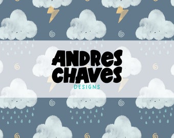May include: A seamless pattern featuring cute cartoon clouds with smiling faces. Some clouds are raining blue raindrops, while others have yellow lightning bolts. The background is a light blue color. The text "Andres Chaves Designs" is in black text on a white background.