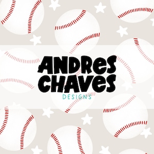 May include: A seamless pattern featuring white baseballs with red stitching on a light brown background with white stars. The text "ANDRES CHAVES DESIGNS" is in black text in the center of the image.