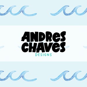 May include: A blue and white watercolour design with a repeating wave pattern. The text "ANDRES CHAVES DESIGNS" is in black lettering.