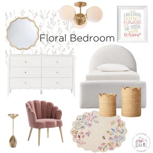 May include: A floral themed bedroom with a white bed, a white dresser, a pink velvet armchair, a round rug with floral designs, and a gold metal side table. The bedroom also features a round mirror with a gold frame, two wicker baskets, and a framed print with the text "With freedom, books, flowers, and the moon, who could not be happy?"