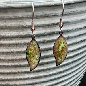 Handmade Copper Enamel Leaf Earrings: Green Dangle Earrings
