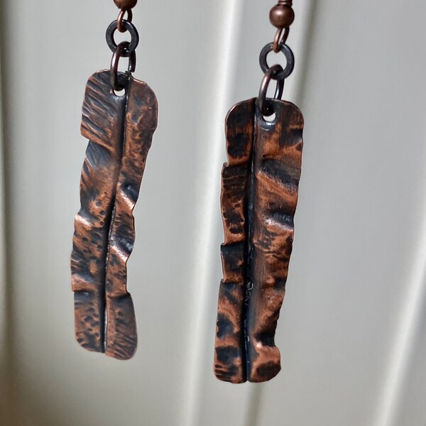 Long Copper Rectangle Earrings, Boho Hammered Long Copper Dangle Earrings with patina, Handmade in the USA