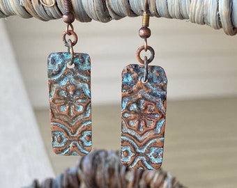 Embossed Copper Earrings with patina, Boho copper dangle rectangle earrings naturally oxidized with a teal blue and aqua verdigris patina