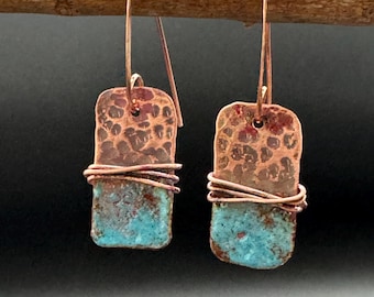 Hammered Copper Dangle Earrings: Teal Enamel Boho Jewelry