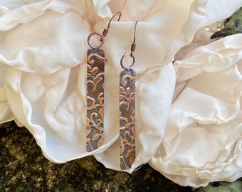 Long copper rectangle earrings, Long boho embossed copper dangle earrings oxidized with patina