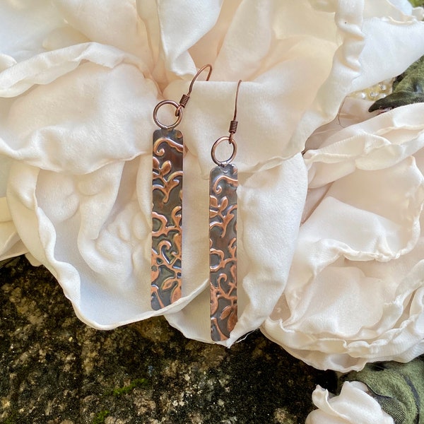 Long copper rectangle earrings, Long boho embossed copper dangle earrings oxidized with patina