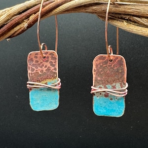 Hammered Copper Dangle Earrings: Teal Enamel Boho Jewelry