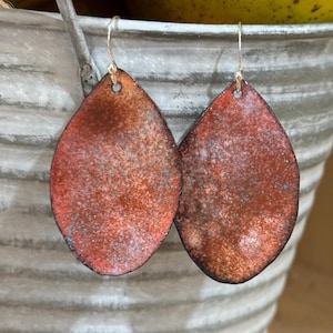 Handmade Enameled Copper Earrings: Earth Tone Teardrop Sterling Silver