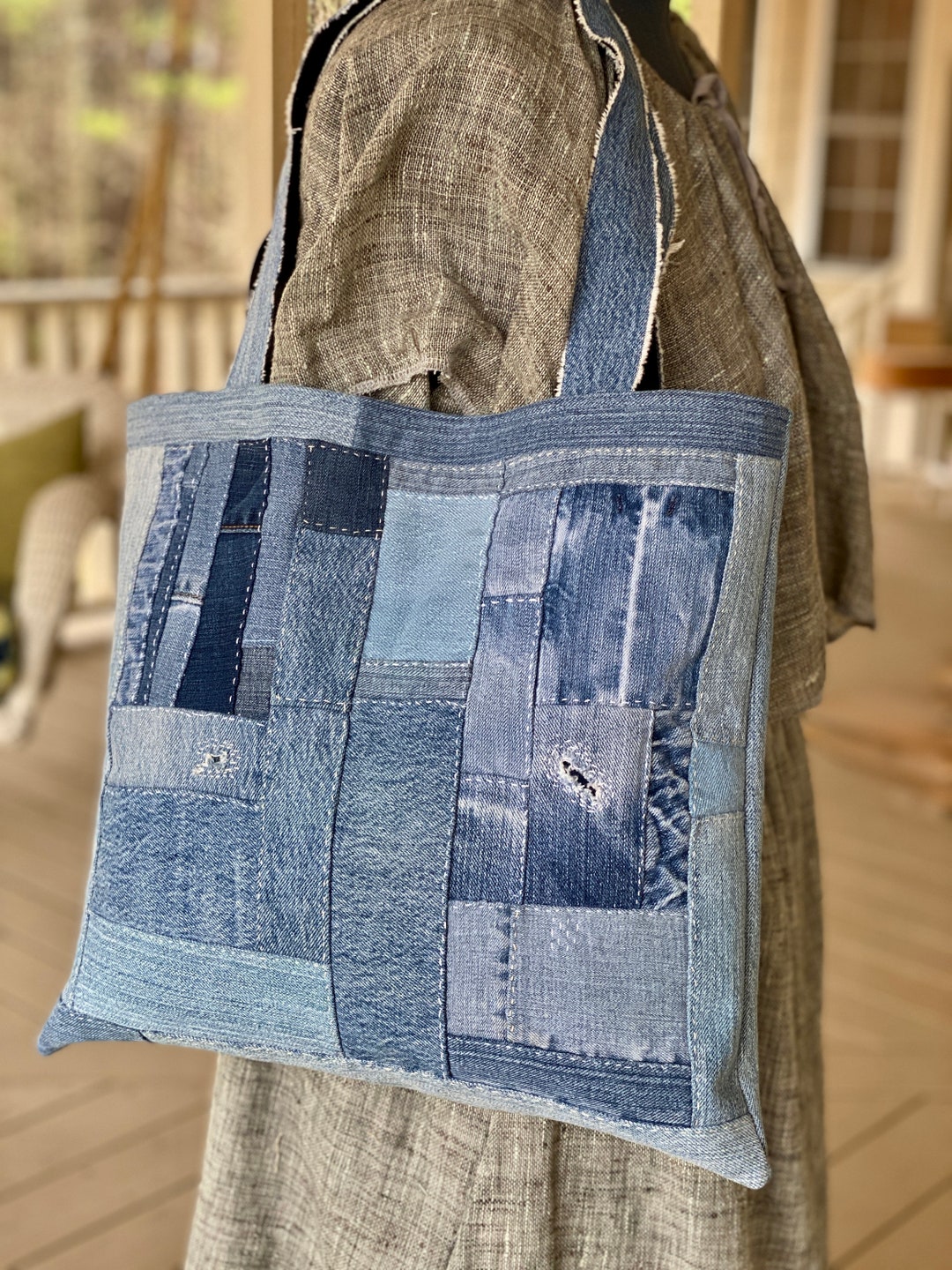 Denim Patchwork Tote Bag Handmade Recycled Denim Boho - Etsy