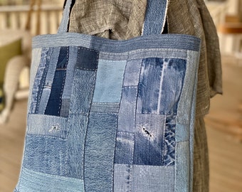 Used denim handbag / Denim patchwork bag / Jeans patchwork -  日本