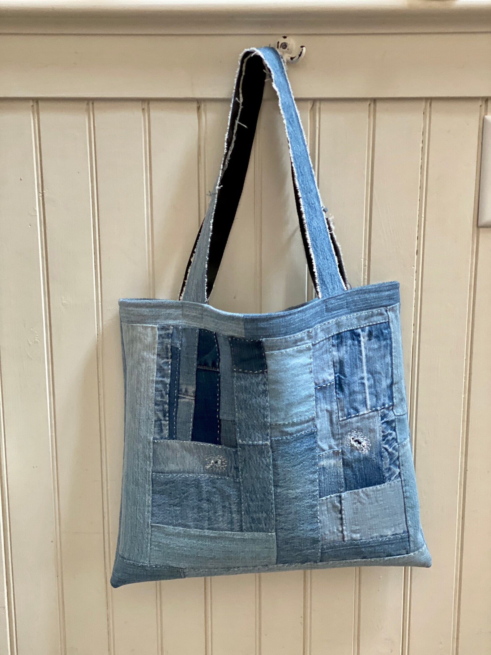 Denim Patchwork Tote Bag Handmade Recycled Denim Boho Etsy