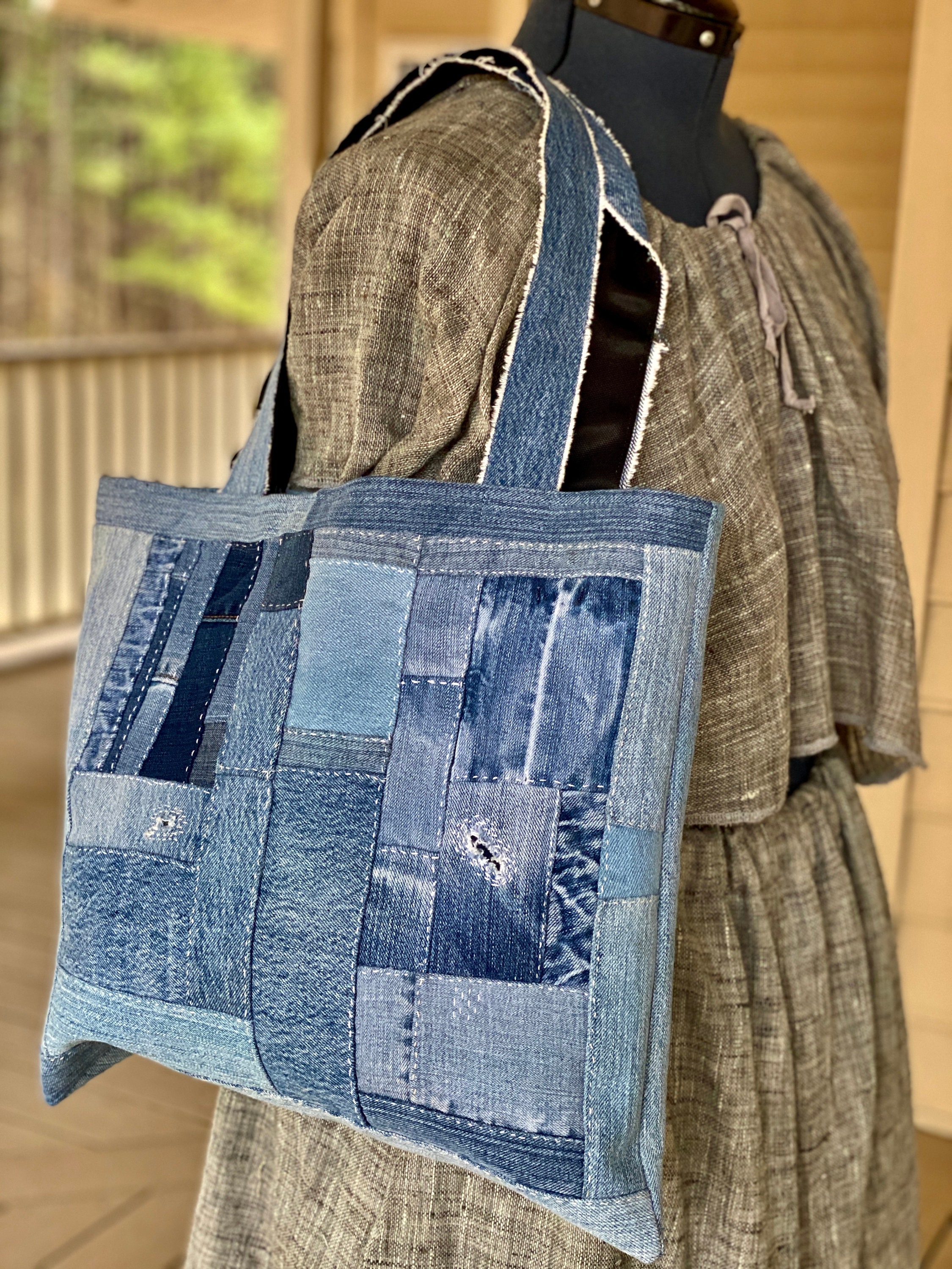 Denim Patchwork Tote Bag Handmade Recycled Denim Boho - Etsy