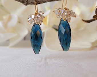 Blue Kyanite Earrings, Swarovski Crystal Cluster Earrings, Gemstone Earrings.