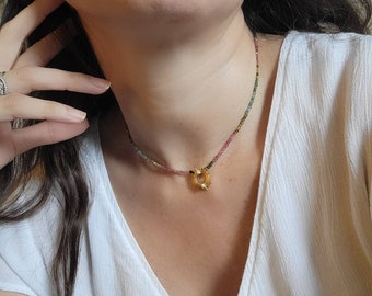 Tourmaline Necklace with Gold Filled Sun Pendant. Gemstone Beaded Necklace. Adjustable. Celestial Jewelry