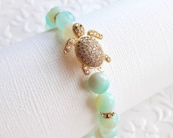 Turtle Aqua Bracelet, Cubic Zirconia Sea Turtle Bracelet, Stretch Gemstone bracelet,