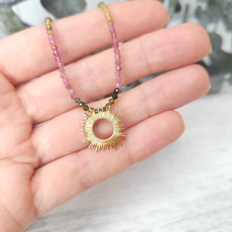 Tourmaline Necklace with Gold Filled Sun Pendant. Gemstone Beaded Necklace. Adjustable. Celestial Jewelry image 4