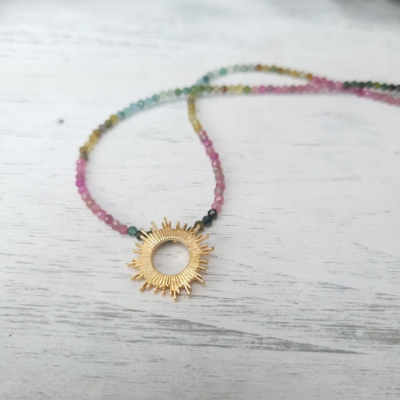 Tourmaline Necklace with Gold Filled Sun Pendant. Gemstone Beaded Necklace. Adjustable. Celestial Jewelry image 2