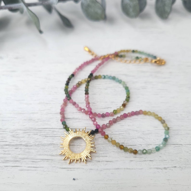 Tourmaline Necklace with Gold Filled Sun Pendant. Gemstone Beaded Necklace. Adjustable. Celestial Jewelry image 6