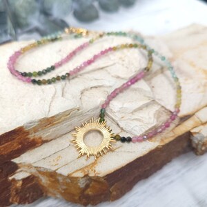Tourmaline Necklace with Gold Filled Sun Pendant. Gemstone Beaded Necklace. Adjustable. Celestial Jewelry image 3