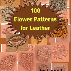 Peut inclure: Image présentant des carrés de cuir gaufré avec divers motifs floraux. Un élément central en forme d'étoile contient le texte "100 Flower Patterns for Leather" et le nom de l'auteur. Les motifs présentent des fleurs et des feuilles détaillées.