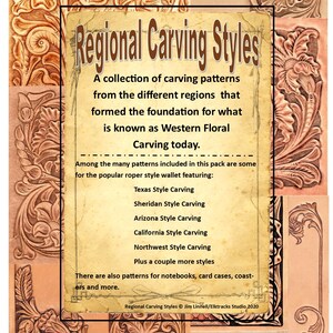 Könnte beinhalten: Eine Collage aus geschnitzten Ledermustern in Braun- und Beigetönen, die verschiedene regionale Schnitzstile zeigt. Der zentrale Text lautet "Regional Carving Styles" und listet Stile wie Texas und Sheridan auf. Enthält Muster für Geldbörsen, Notizbücher und mehr.