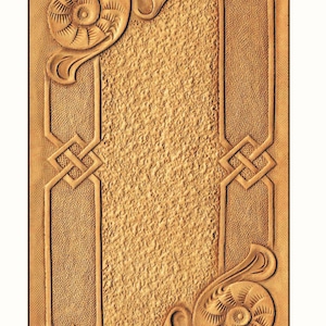 May include: A brown leather background with a carved floral design. The design features two large flowers with intricate details and a border of geometric shapes.