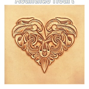 May include: A detailed leather carving of an acanthus heart design. The carving is done in a light brown color and has a detailed, intricate design.