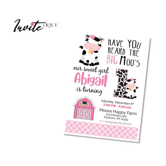 Cow Invitations Cow Themed Birthday Cow Invitations Pink Etsy