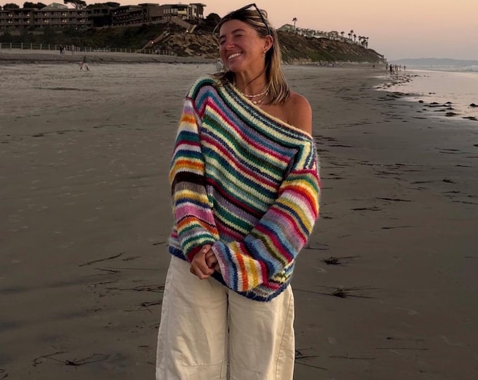 Hand-Knitted Colorful Striped Sweater: Oversized Cotton Mohair Blend, Moonlight Sweater