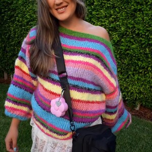 Suéter de mohair de rayas de colores tejido a mano: corte unisex extragrande imagen 5