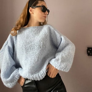 Blue Striped Sweater, Crochet Sweater, Hand Knitted Warm Sweater, Oversize Sweater, Unisex Sweater, Blue Sweater
