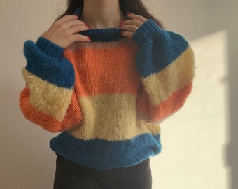 Bunt gestreifter Pullover, Häkelpullover, Handgestrickter warmer Pullover, Oversize-Pullover, Unisex, mehrfarbiger Pullover