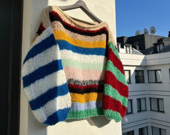 Colorful Striped Sweater, Crochet Sweater, Hand Knitted Warm Sweater, Oversize Sweater, Unisex Sweater, Multi Colored Sweater